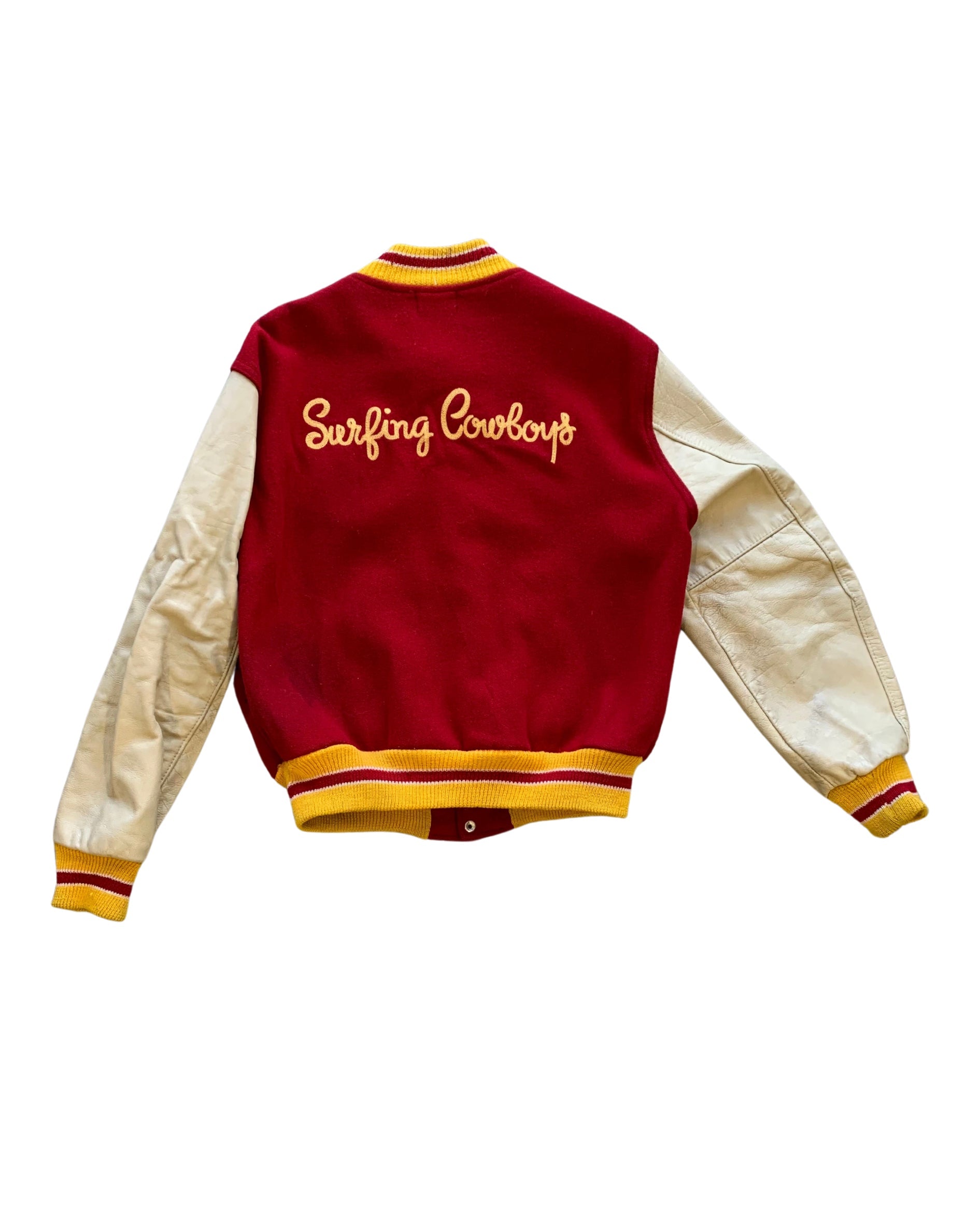 Upcycled Surfing Cowboys Manea Letterman Jacket M Red w Cream & Gold