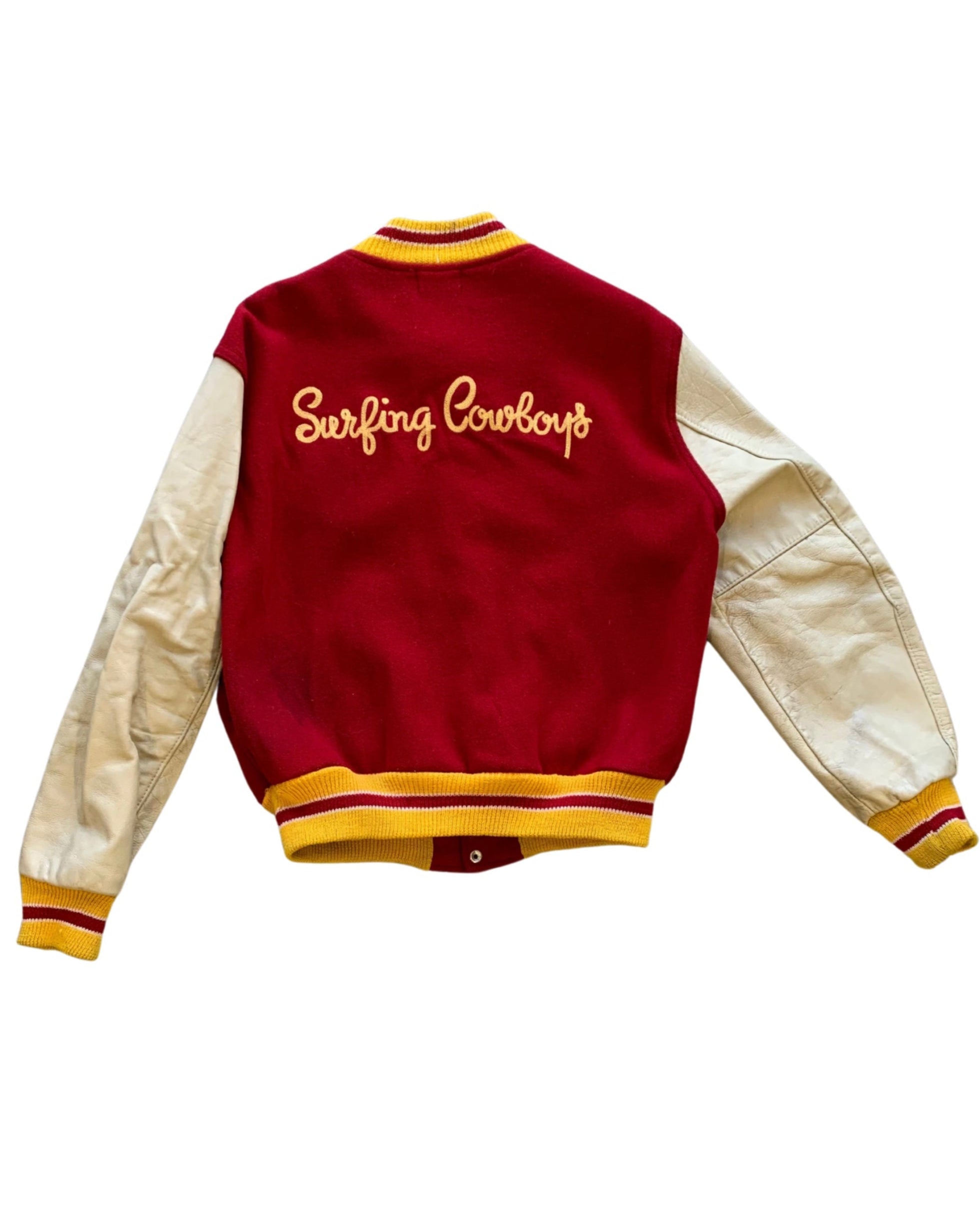 Upcycled Surfing Cowboys Manea Letterman Jacket M Red w Cream & Gold.