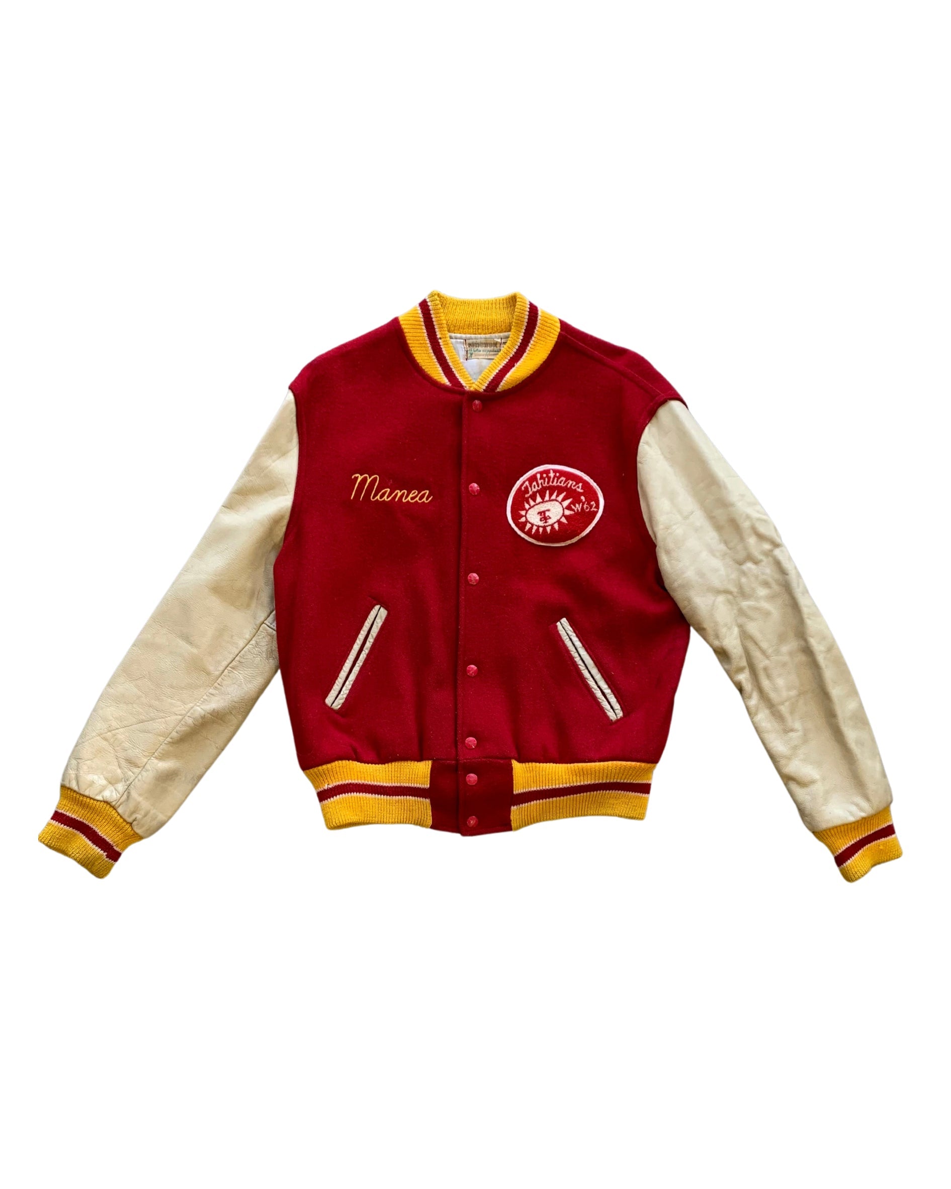 Upcycled Surfing Cowboys Manea Letterman Jacket M Red w Cream & Gold