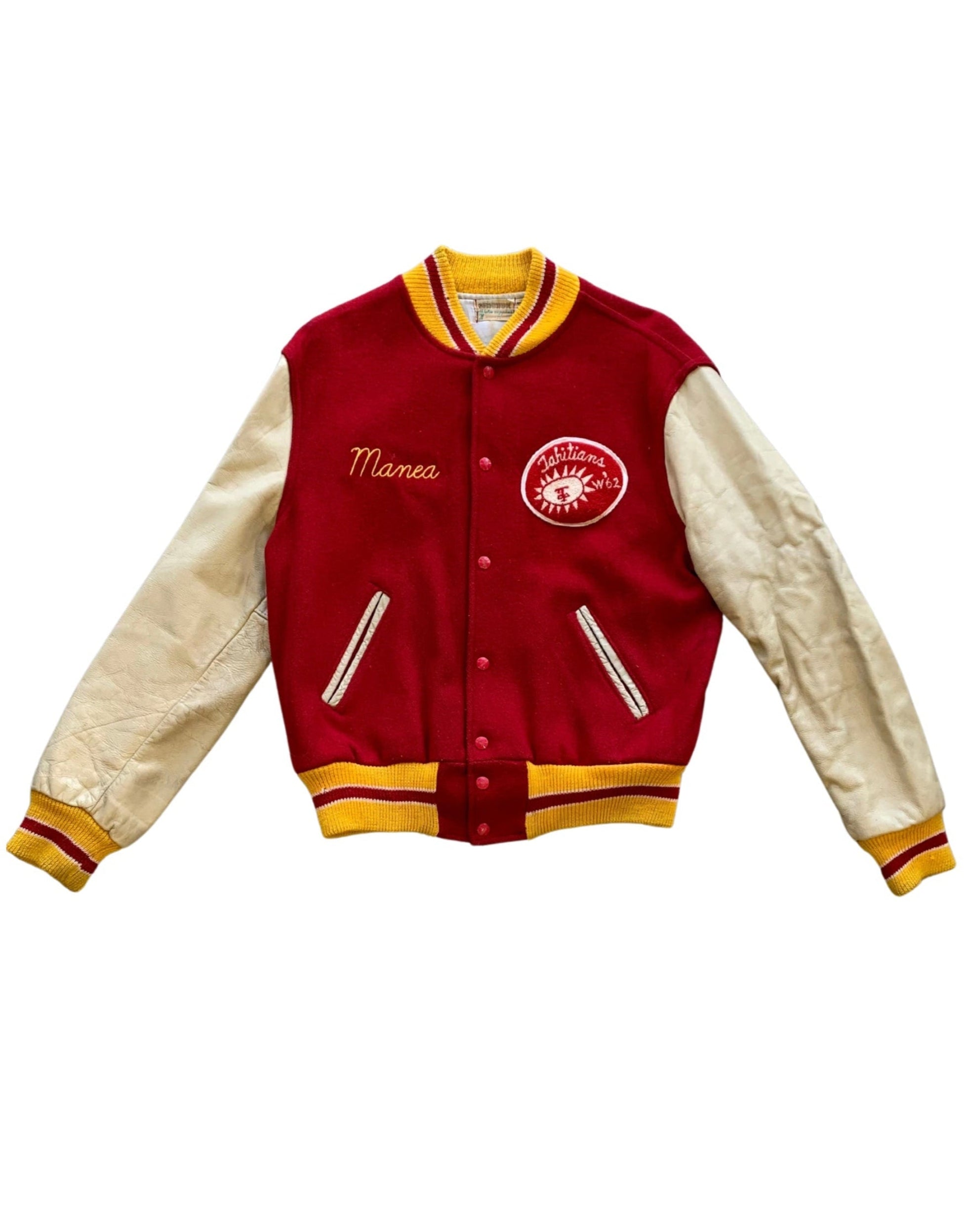 Upcycled Surfing Cowboys Manea Letterman Jacket M Red w Cream & Gold