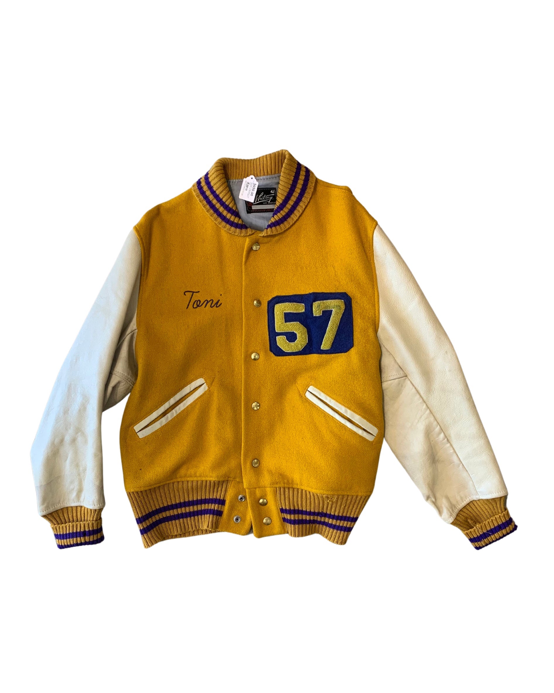 Upcycled Surfing Cowboys Toni Letterman Jacket M Mustard w Cream