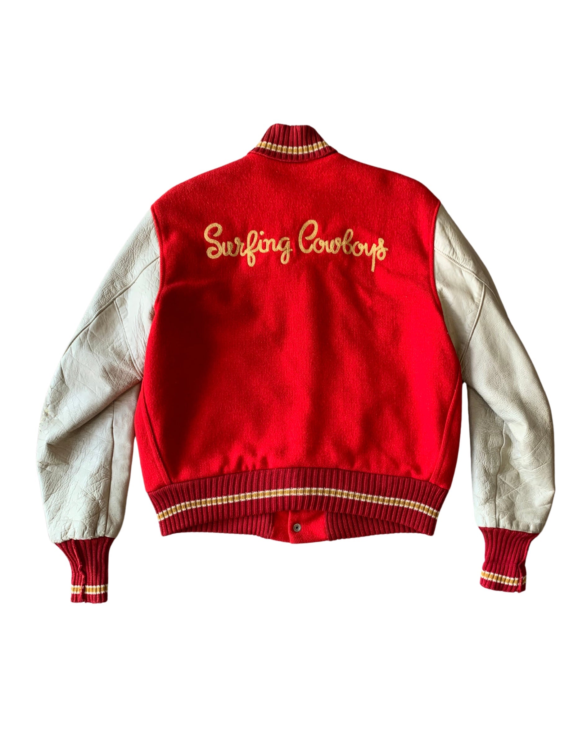 Upcycled Surfing Cowboys Zag Letterman Jacket M Red w Cream