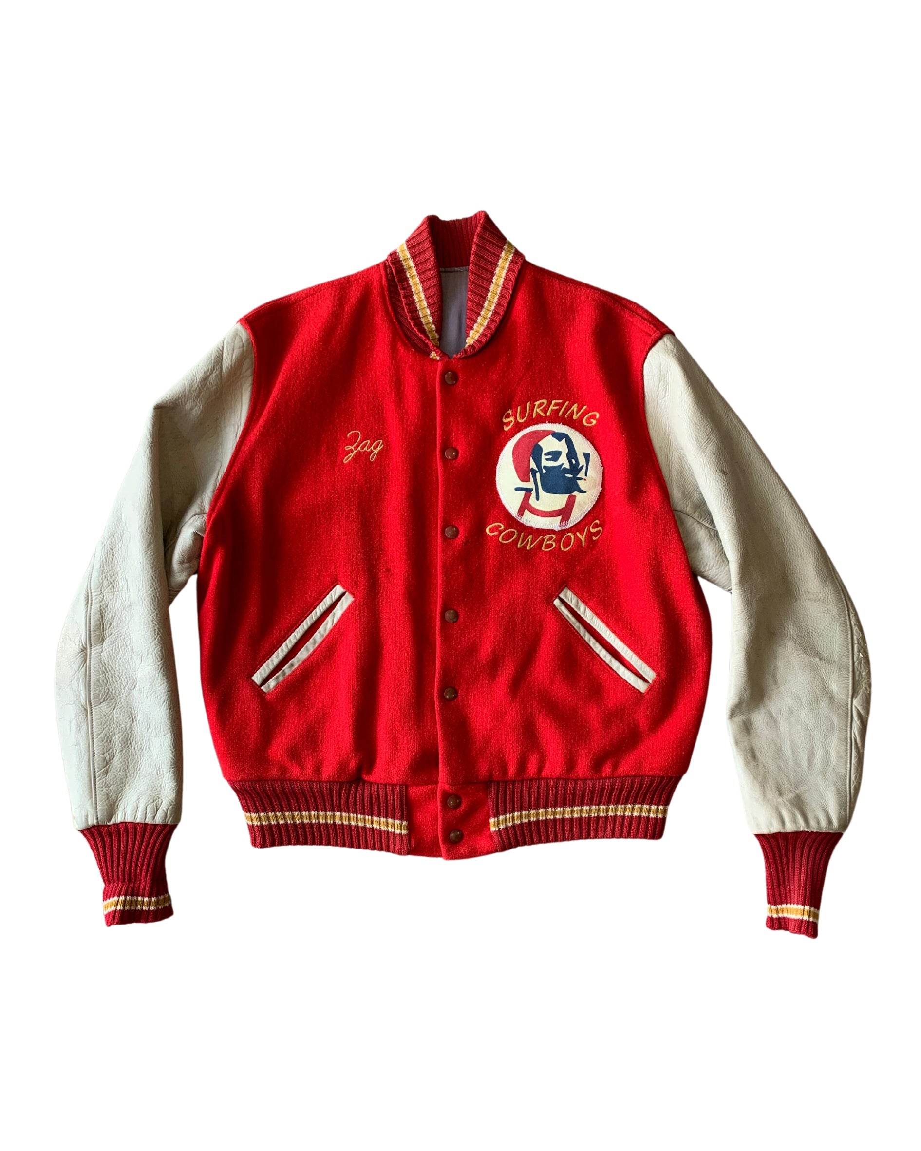 Upcycled Surfing Cowboys Zag Letterman Jacket M Red w Cream