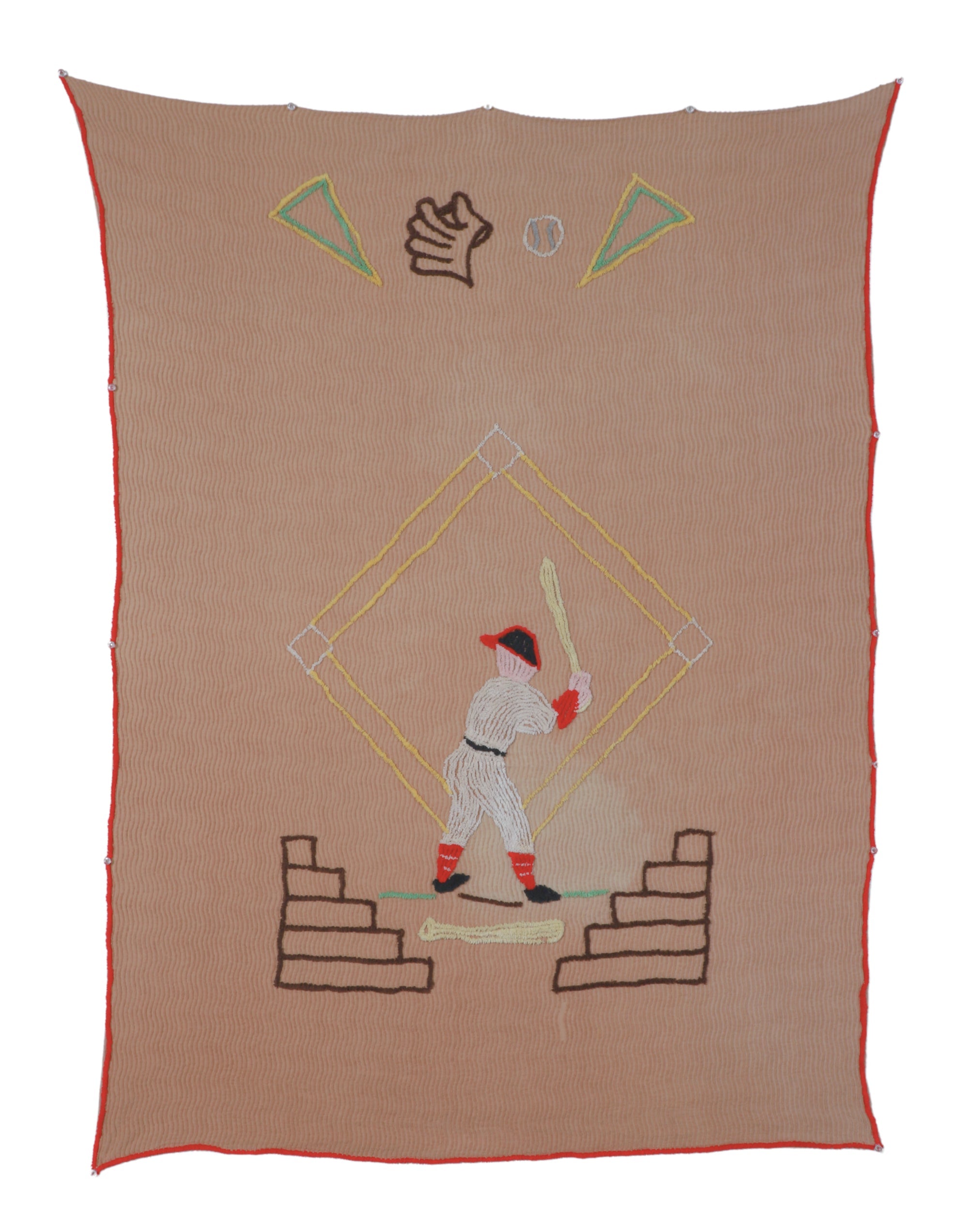  Full view of 1950s chenille bedspread showing batter, base diamond, and glove.