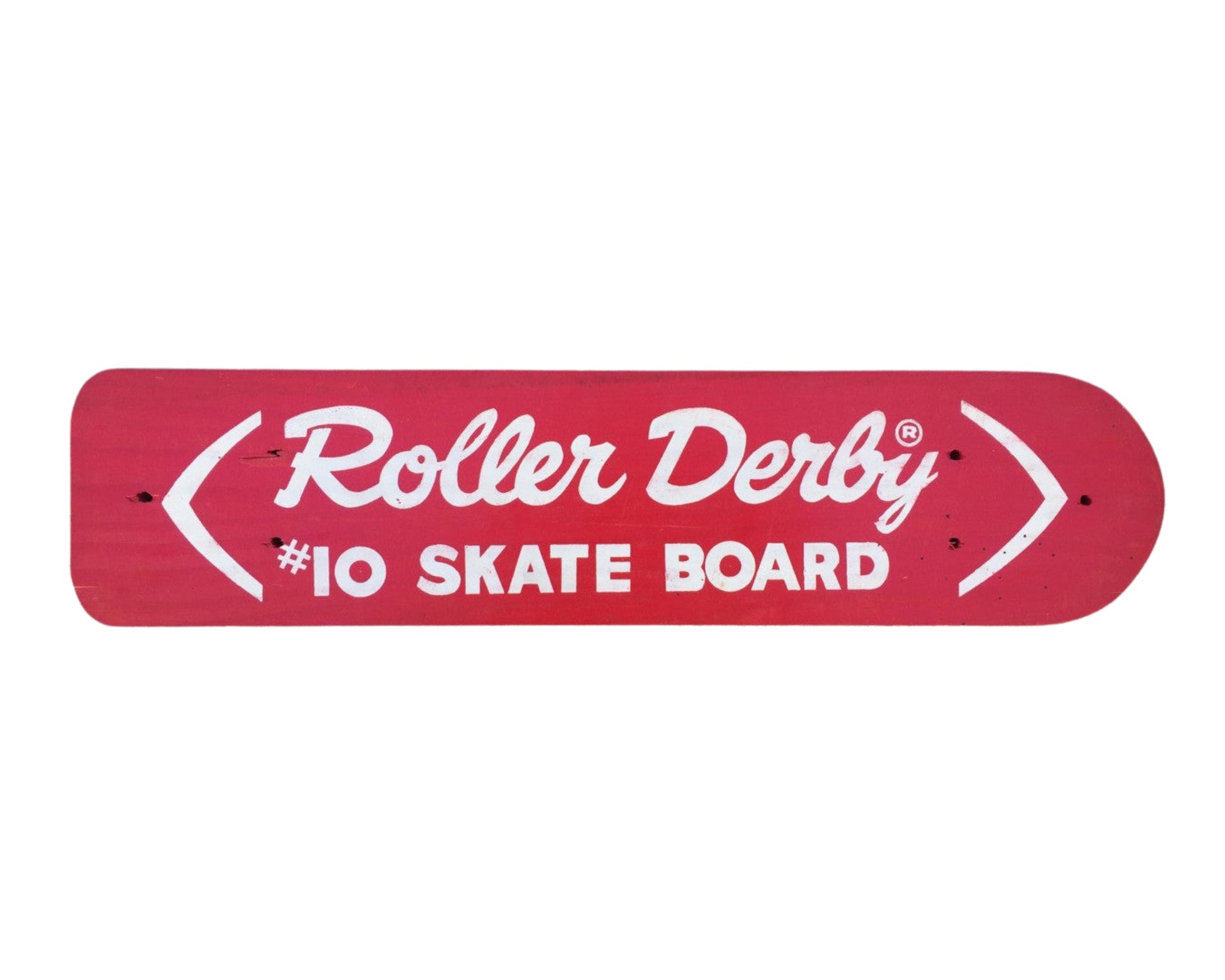  Vintage 1960s Roller Derby #10 skateboard deck in cherry red with white graphic. Unused condition.
