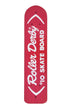 A red skateboard deck with white printed graphics, featuring the text 'Roller Derby' and '#10 SKATE BOARD'.