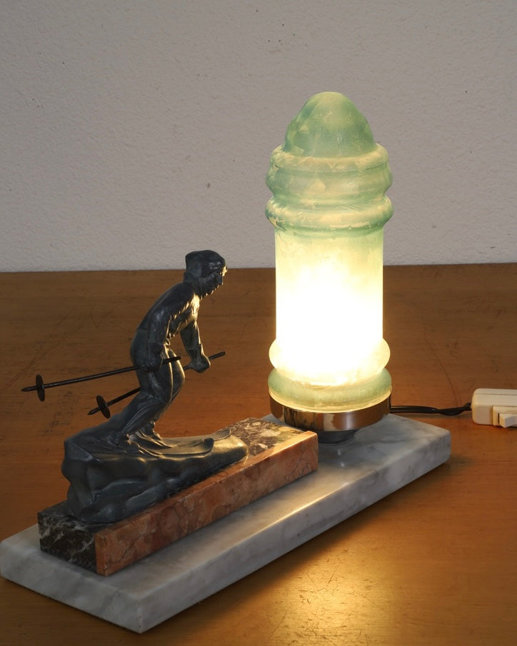 Vintage Art Deco Ski Table Lamp Back Side Angle Light On