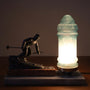 Vintage Art Deco Ski Table Lamp Back View Light On
