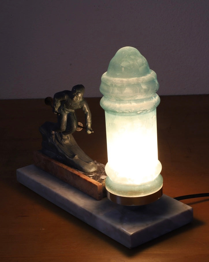 Vintage Art Deco Ski Table Lamp Side Angle Light On