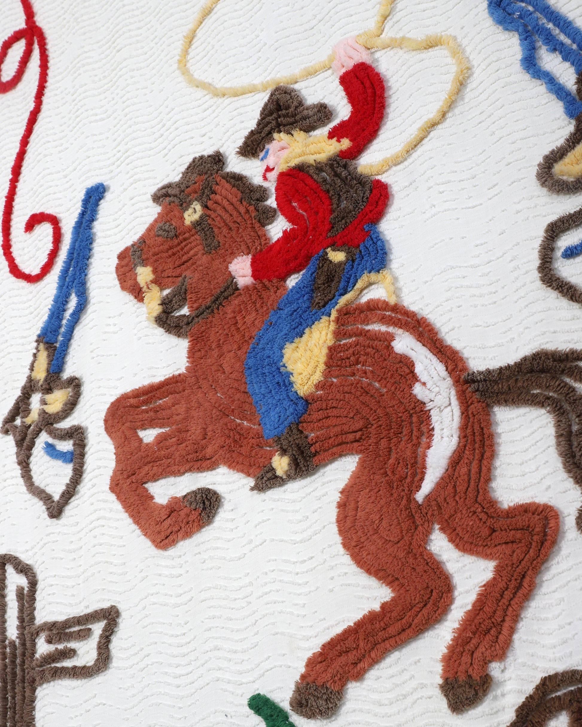 Vintage Cowgirl Chenille Bedspread Cowgirl Close Up