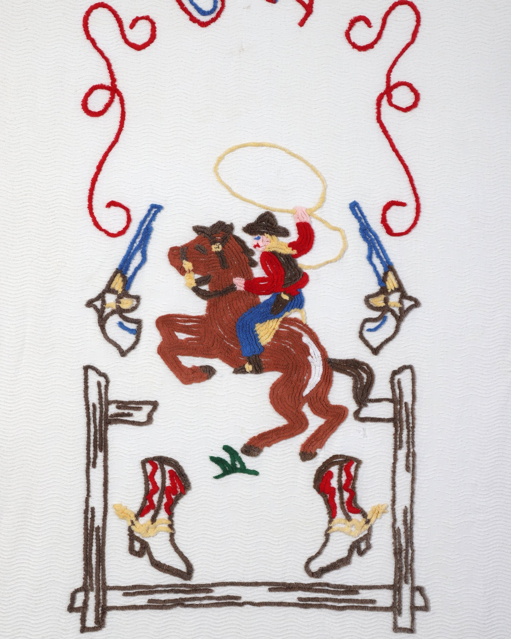 Vintage Cowgirl Chenille Bedspread Close Up Full View