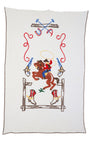full frontal photo of a vintage bedspread features vibrant and colorful chenille embroidery depicting a lively cowgirl scene, complete with a cowgirl on horseback, crossed rifles, lasso, and cowboy boots. This is a  detailed design and bright primary colors and brown accesnt on a white background. colors 