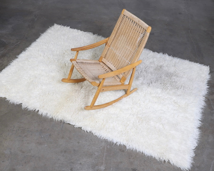 Vintage Greek Natural Flokati Rug Top View with Chair on Rug