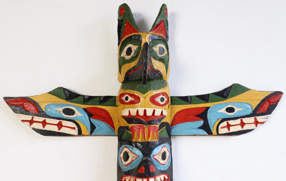 Vintage Hand-Carved Totem Pole with Removable Wings Close Up Top View head and wings