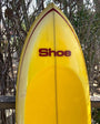 Vintage Paipo Bellyboard Surfboard Newport Shoe Yellow Scooped out Deck, Logo and Nose