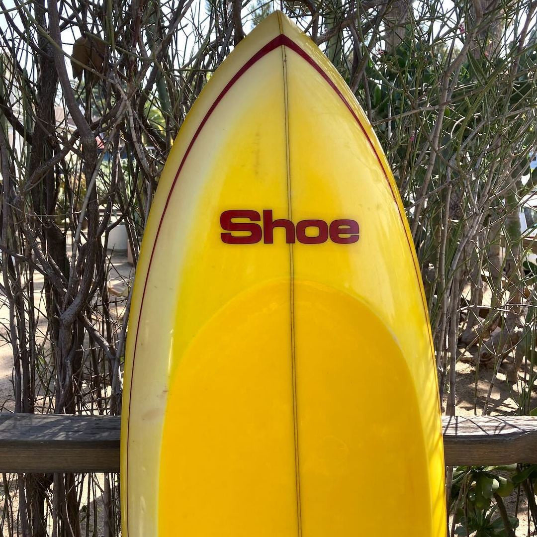 Vintage Paipo Bellyboard Surfboard Newport Shoe Yellow Scooped out Deck, Logo and Nose