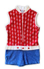 1960s vintage kids romper in red, white, and blue terrycloth with zip front and button details. Features figure print top and striped shorts.