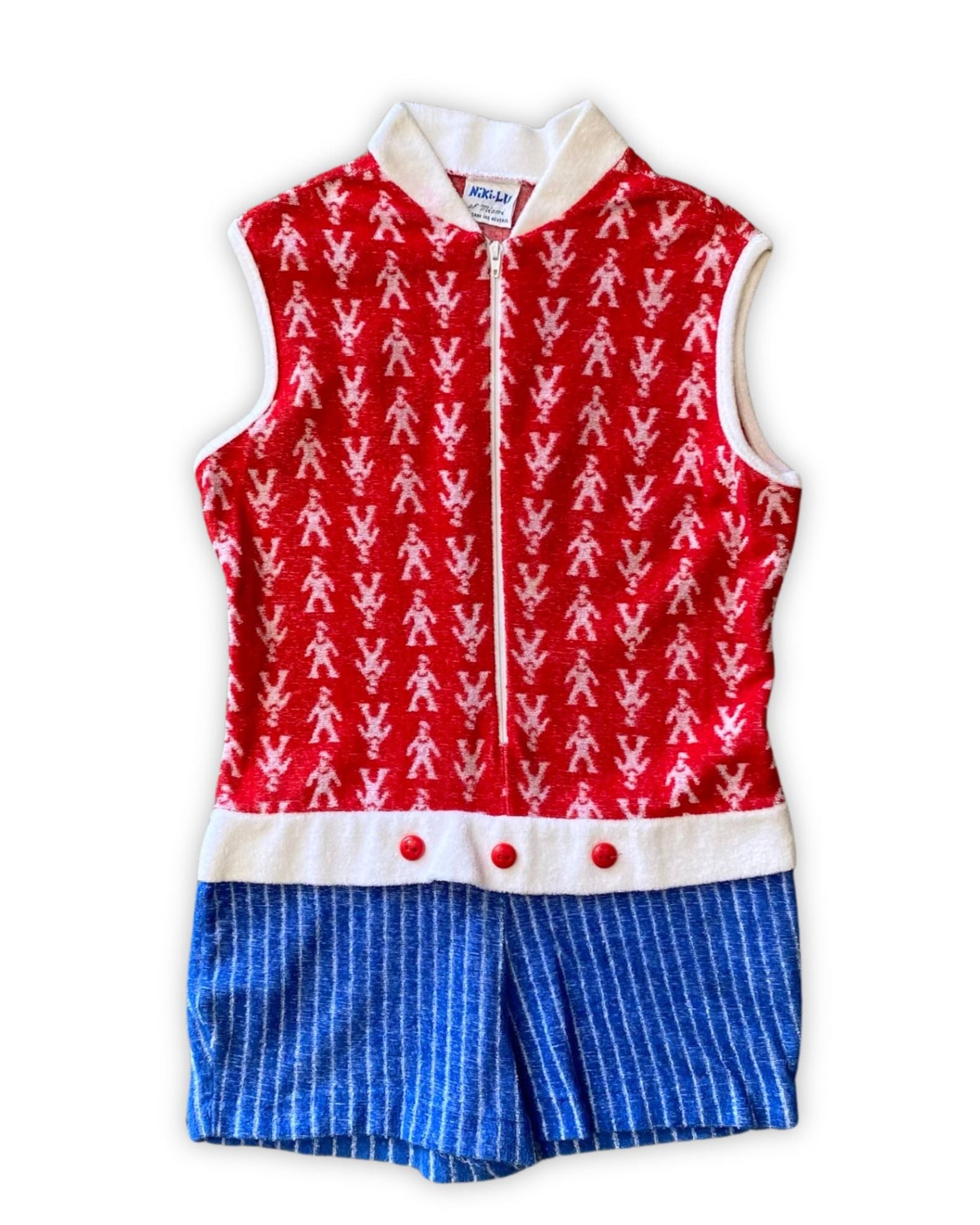 1960s vintage kids romper in red, white, and blue terrycloth with zip front and button details. Features figure print top and striped shorts.