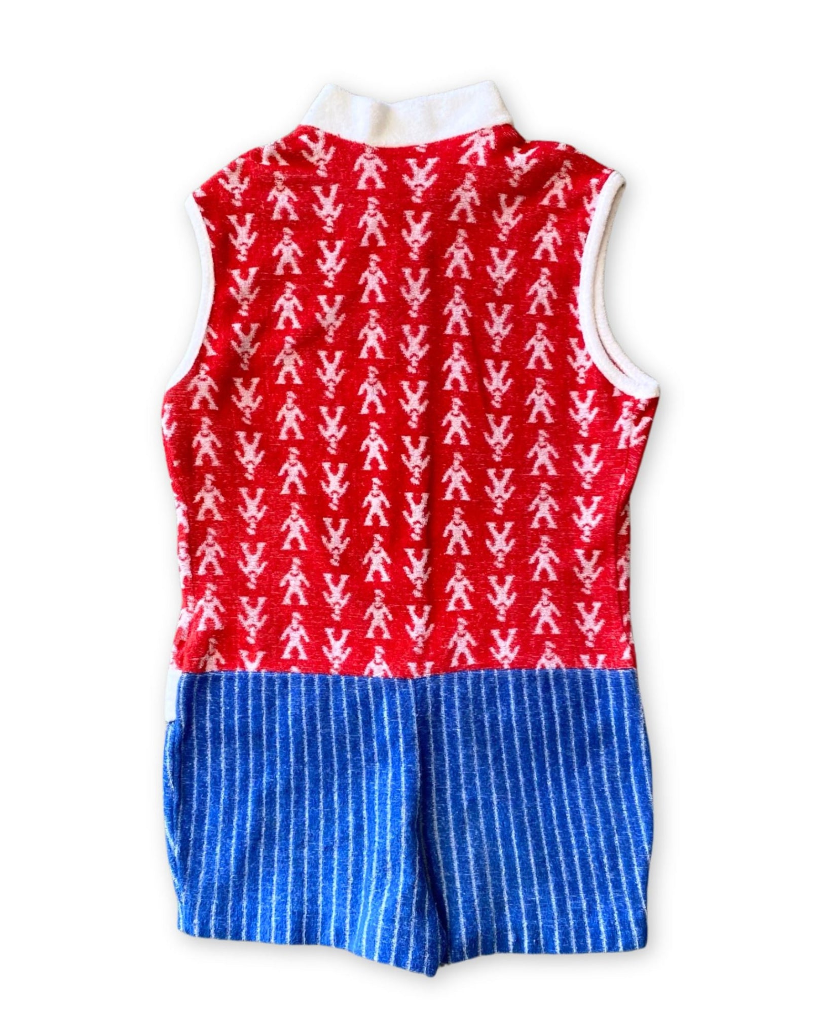 1960s vintage kids romper in red, white, and blue terrycloth with zip front and button details. Features figure print top and striped shorts - back.