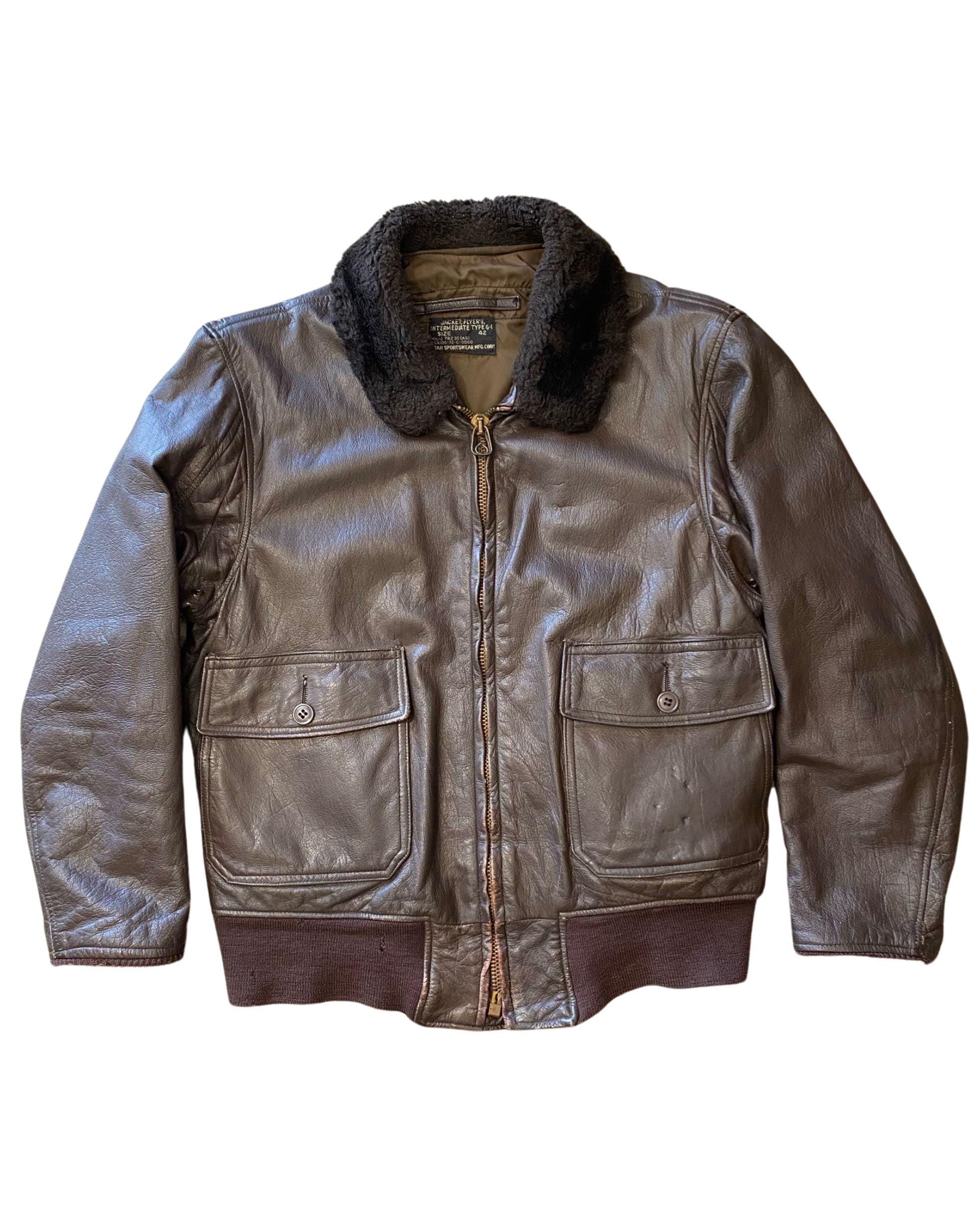 1970s US Navy Air Force Flight Jacket – Brown Leather, Faux Fur Collar, Size Large