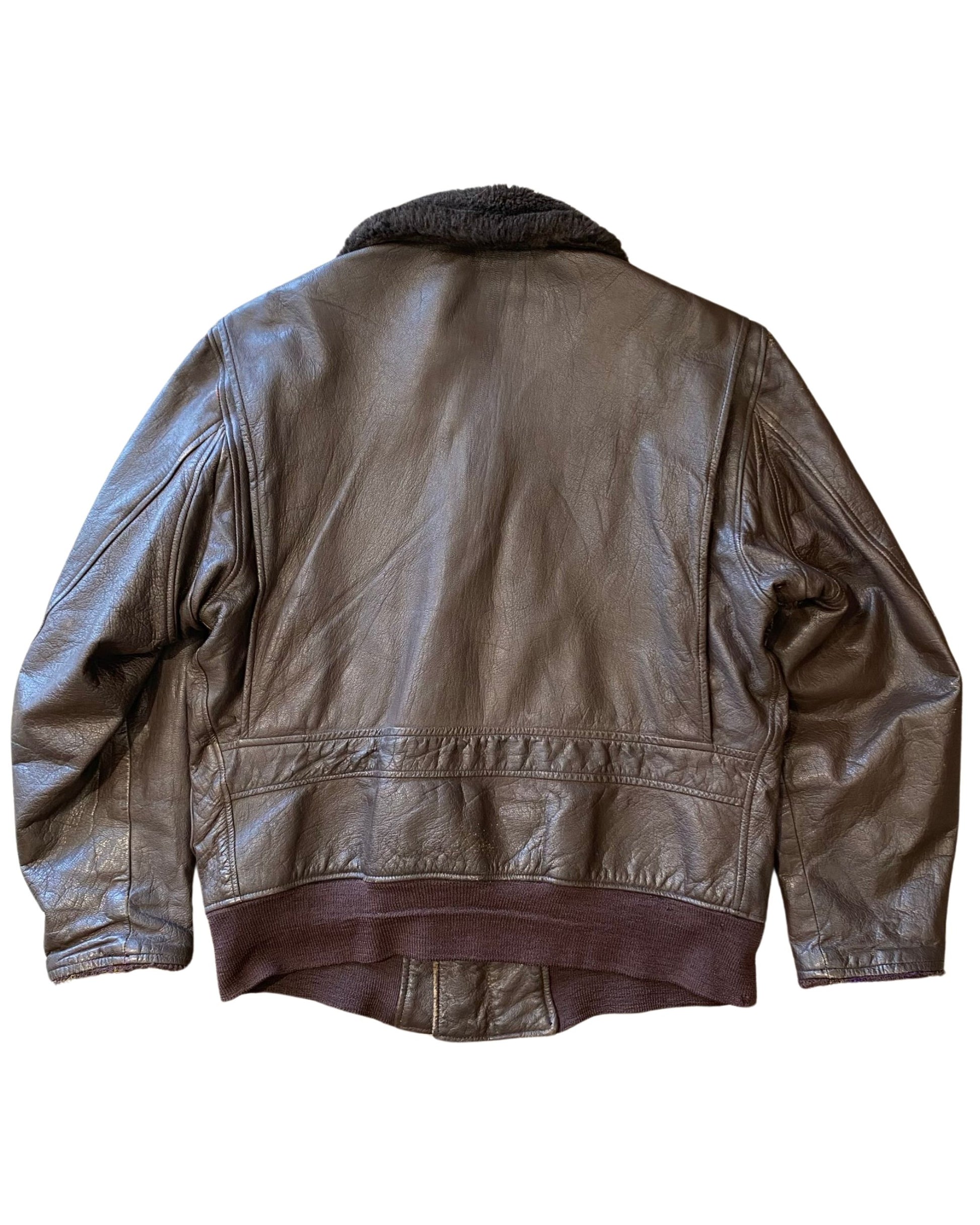 1970s US Navy Air Force Flight Jacket – Brown Leather, Faux Fur Collar, Size Large