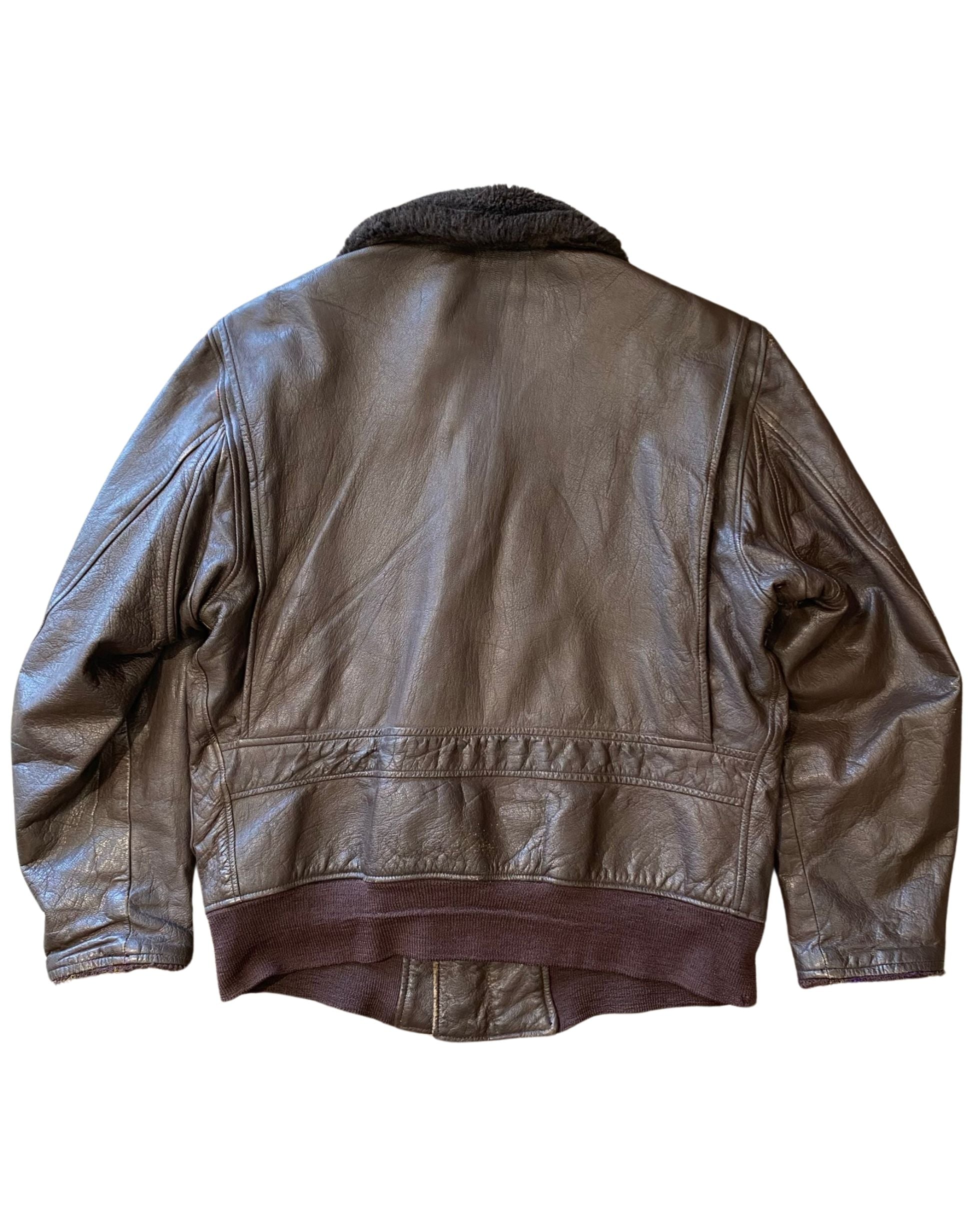 1970s US Navy Air Force Flight Jacket – Brown Leather, Faux Fur Collar, Size Large