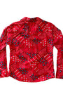  Vintage 1970s red bandana print snap shirt for women, made in USA with Western styling, back view.