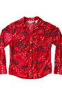  Vintage 1970s red bandana print snap shirt for women, made in USA with Western styling, front view.