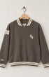 Front view of a mocha brown 100% cotton half-zip neighborhood sweatshirt with cream striped varsity ribbing, front pockets, an Old Californio-inspired chest monogram, and a felt 30 shoulder patch.