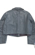Back view of vintage grey leather jacket with cropped body and paneled construction.
