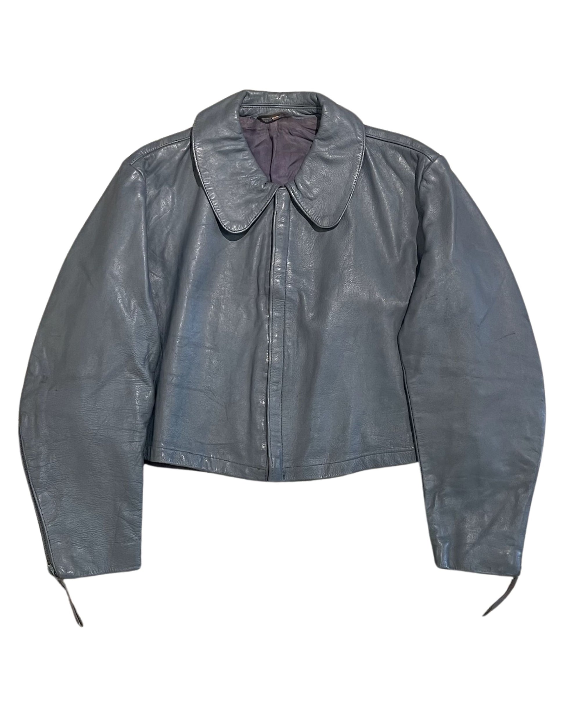 Front view of vintage 1960s grey German U-Boat-style leather jacket with oversized collar.
