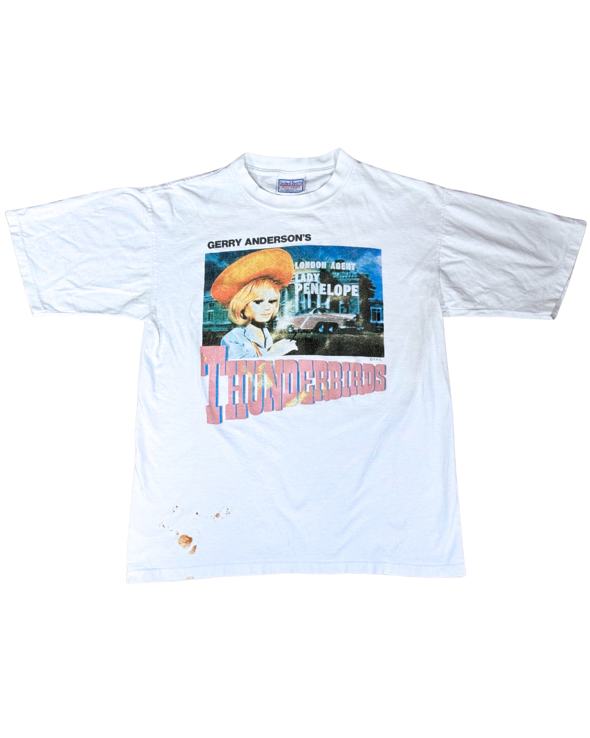 Front view of vintage Gerry Anderson’s Thunderbirds T-shirt with Lady Penelope graphic.