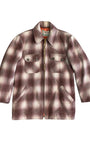 Front view of vintage 1960s Mac-Jac brown plaid coat.
