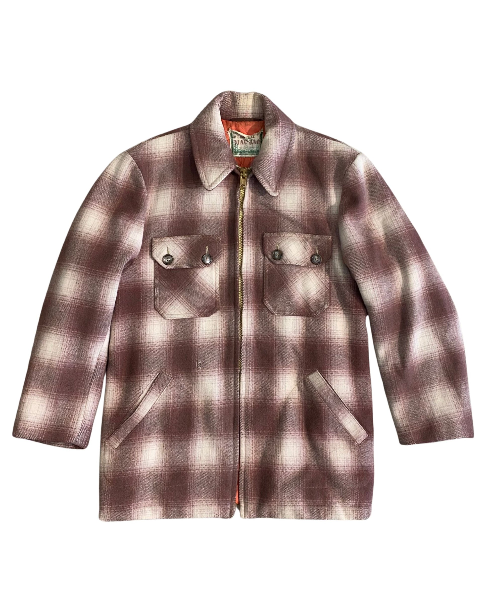 Front view of vintage 1960s Mac-Jac brown plaid coat.

