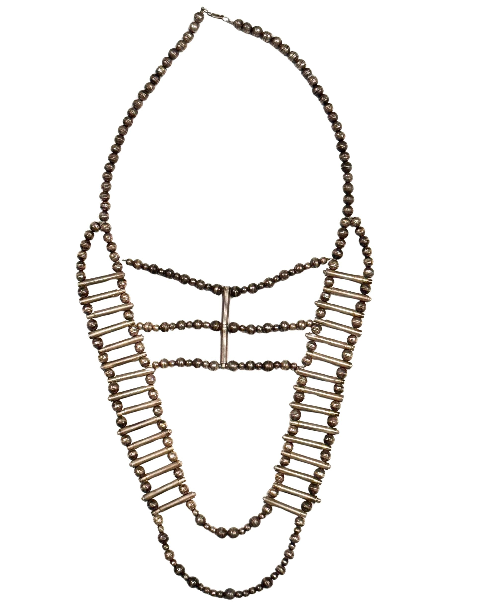 Vintage Navajo Ceremonial Silver bead Necklace on white background