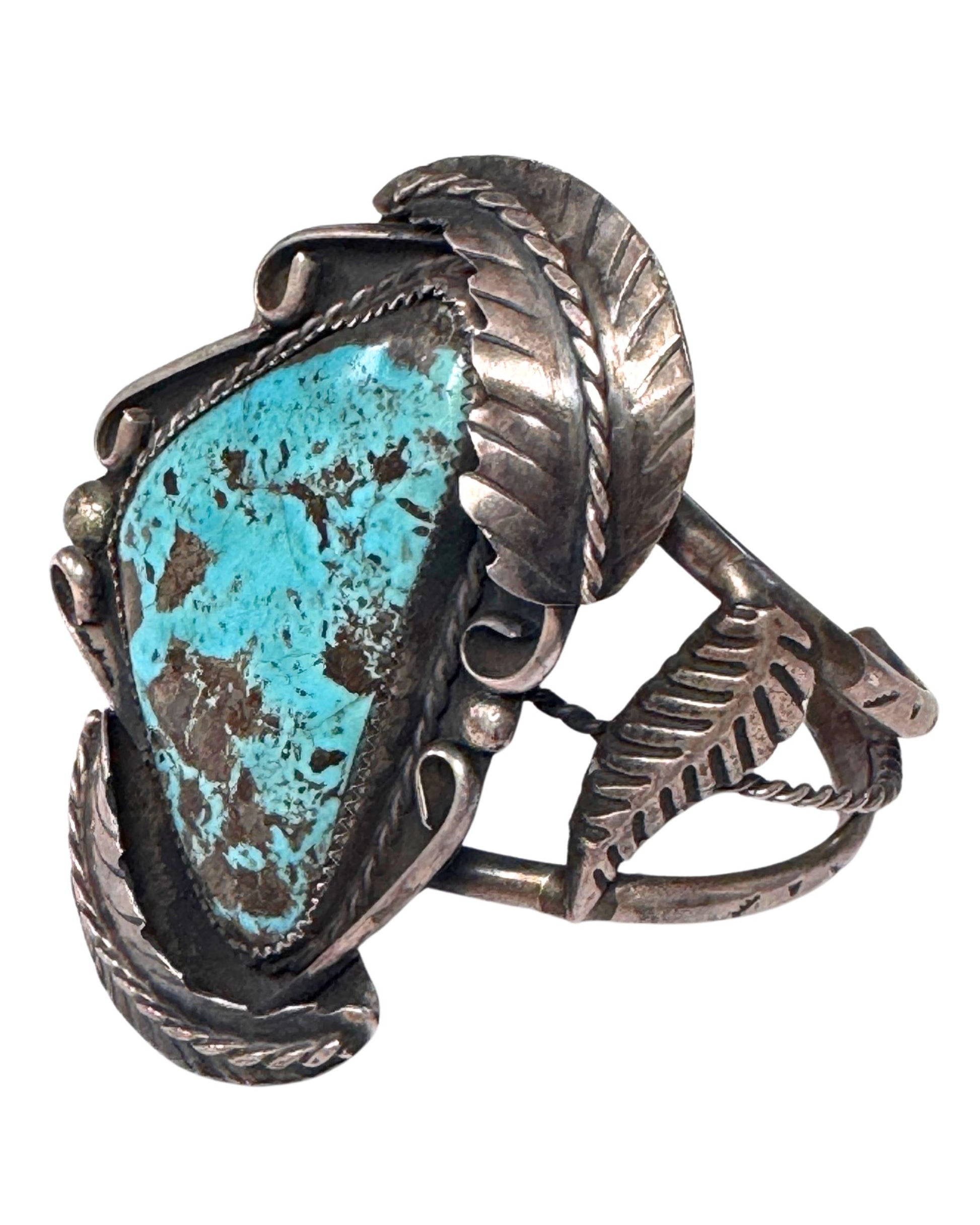 Vintage Navajo Sterling Silver Cuff with Triangular Turquoise Stone – Signed Bobcat