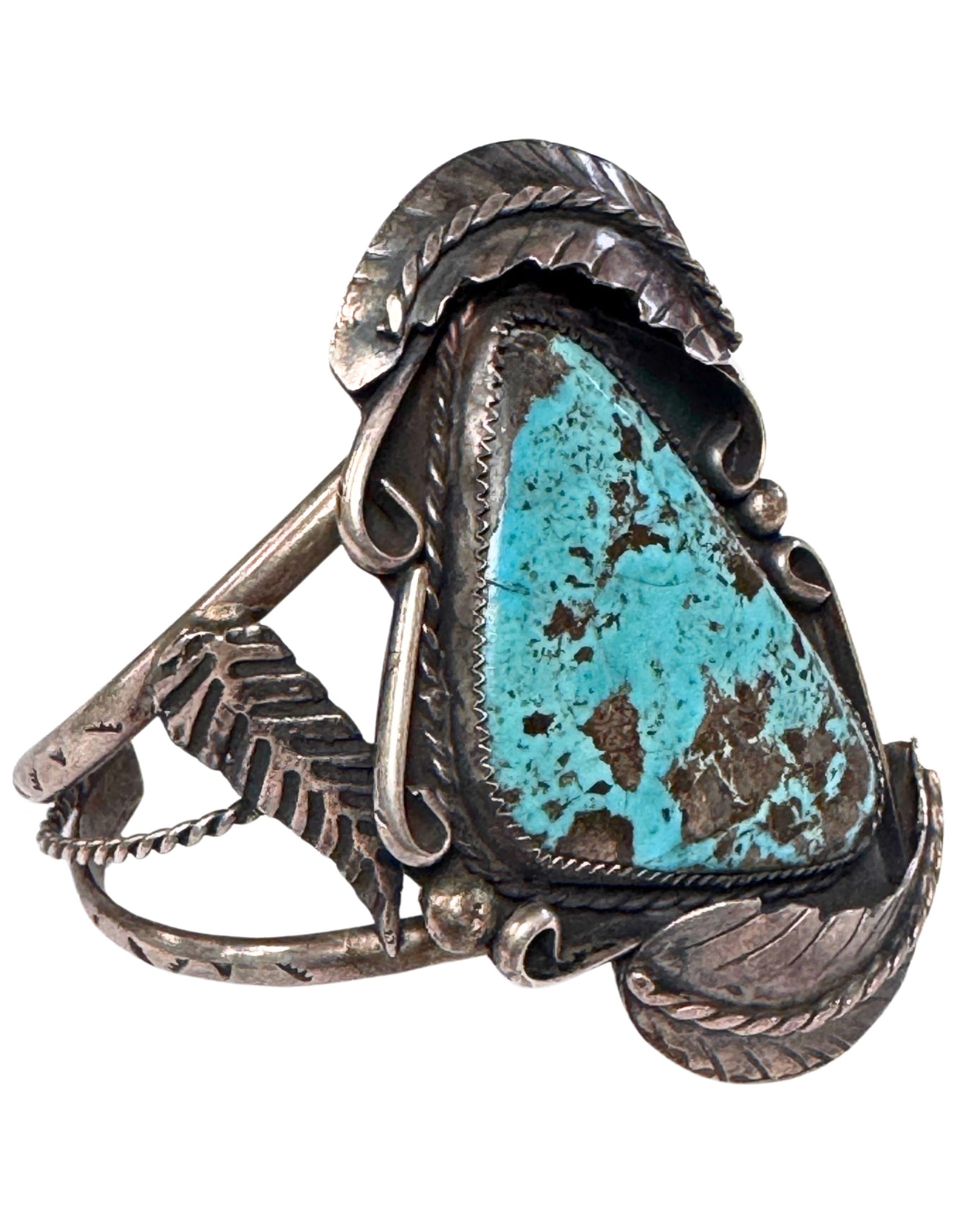 Vintage Navajo Sterling Silver Cuff with Triangular Turquoise Stone – Signed Bobcat