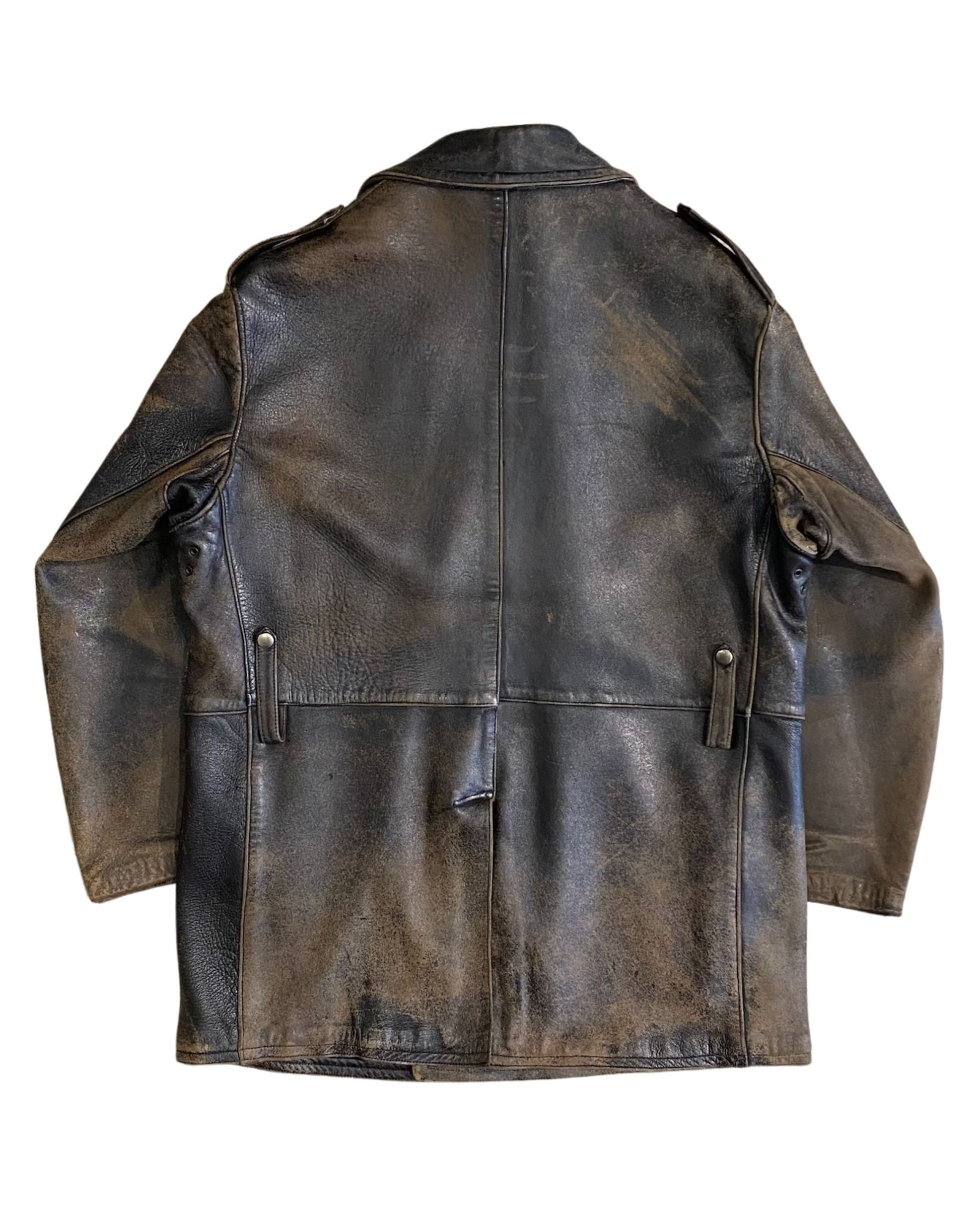 Back view of vintage Noël Cuir leather coat showing center seam, waist panel, and gunmetal rear adjusters with heavy patina.