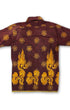 Back of vintage 1960s Kary’s of Penang Waikiki print shirt in maroon and gold with dragon border and medallion pattern.