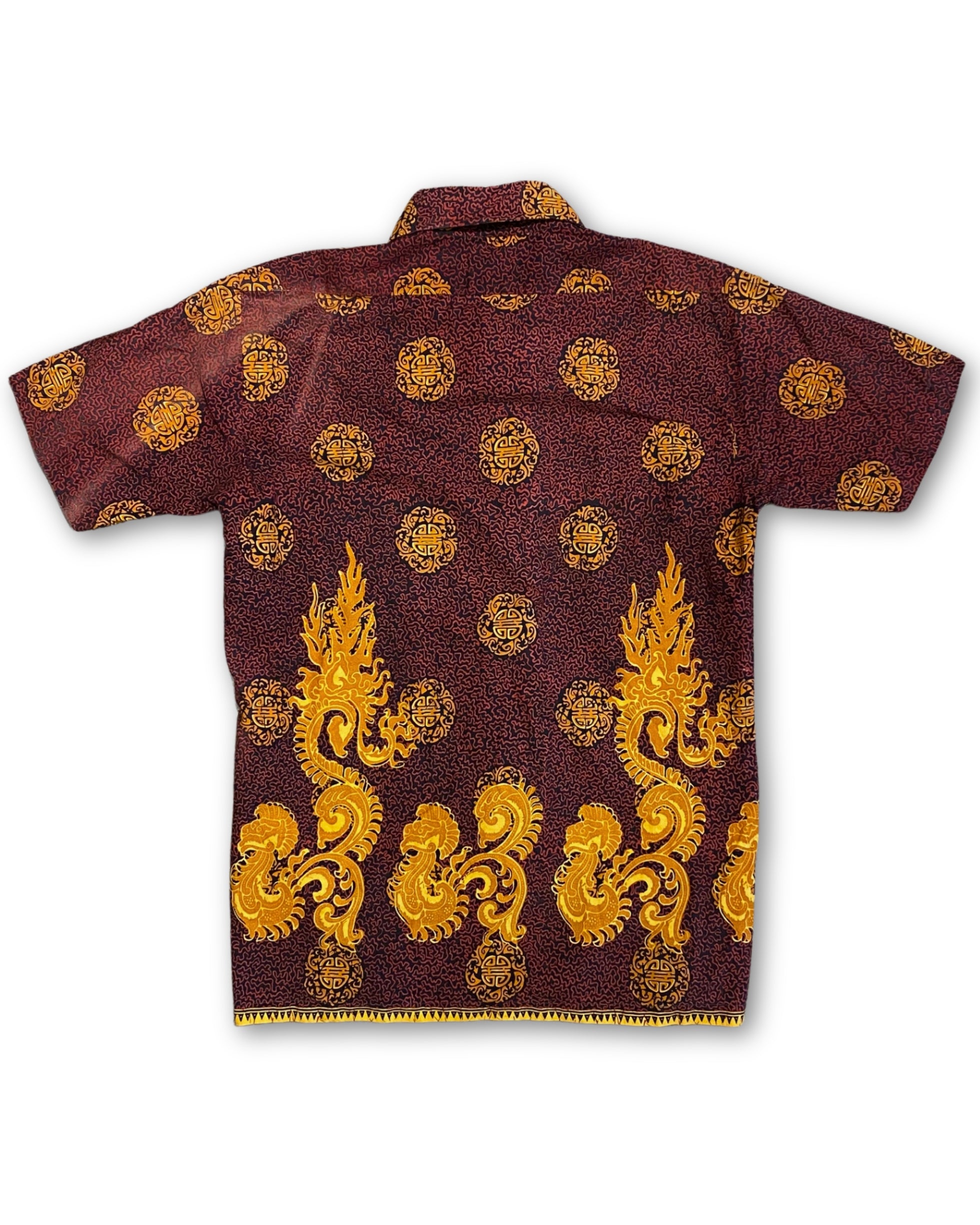 Back of vintage 1960s Kary’s of Penang Waikiki print shirt in maroon and gold with dragon border and medallion pattern.