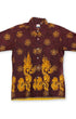 Front of vintage 1960s Kary’s of Penang Waikiki print shirt in maroon and gold with dragon border and medallion pattern.