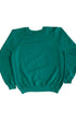 Back view of vintage 1980s 20th Century Fox green raglan crewneck sweatshirt, plain green with ribbed cuffs and waistband, on white background.
