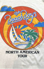Close-up of 1982 Beach Boys North American Tour graphic showing sunset circle design with sailboat, palm tree, script logo, and Brother Records Inc. copyright.