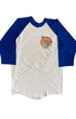 Front view of vintage 1982 Beach Boys North American Tour white and royal blue raglan tee with small chest logo, on white background.