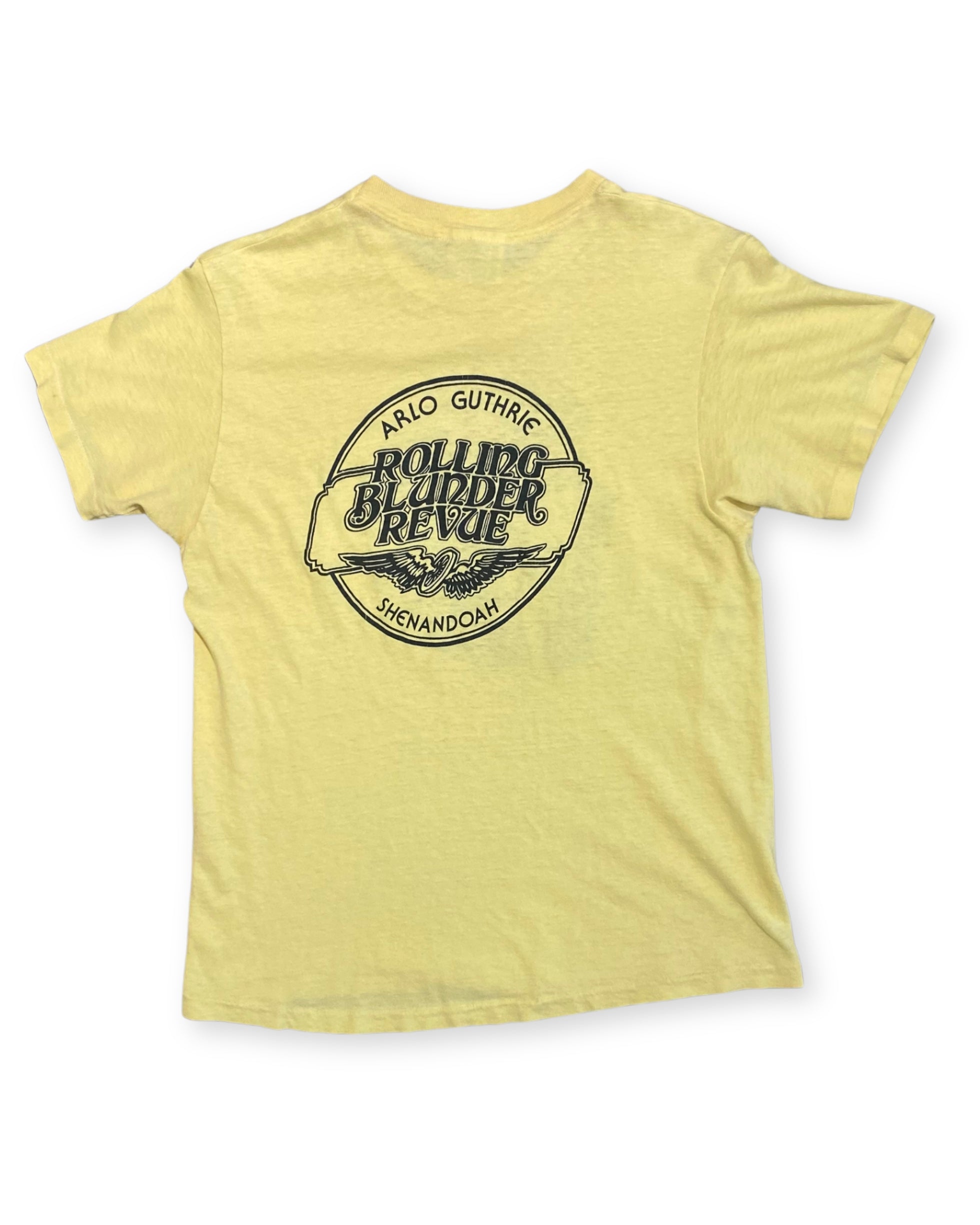 Back view of vintage Arlo Guthrie Rolling Blunder Revue T-shirt with Shenandoah tour-style graphic.