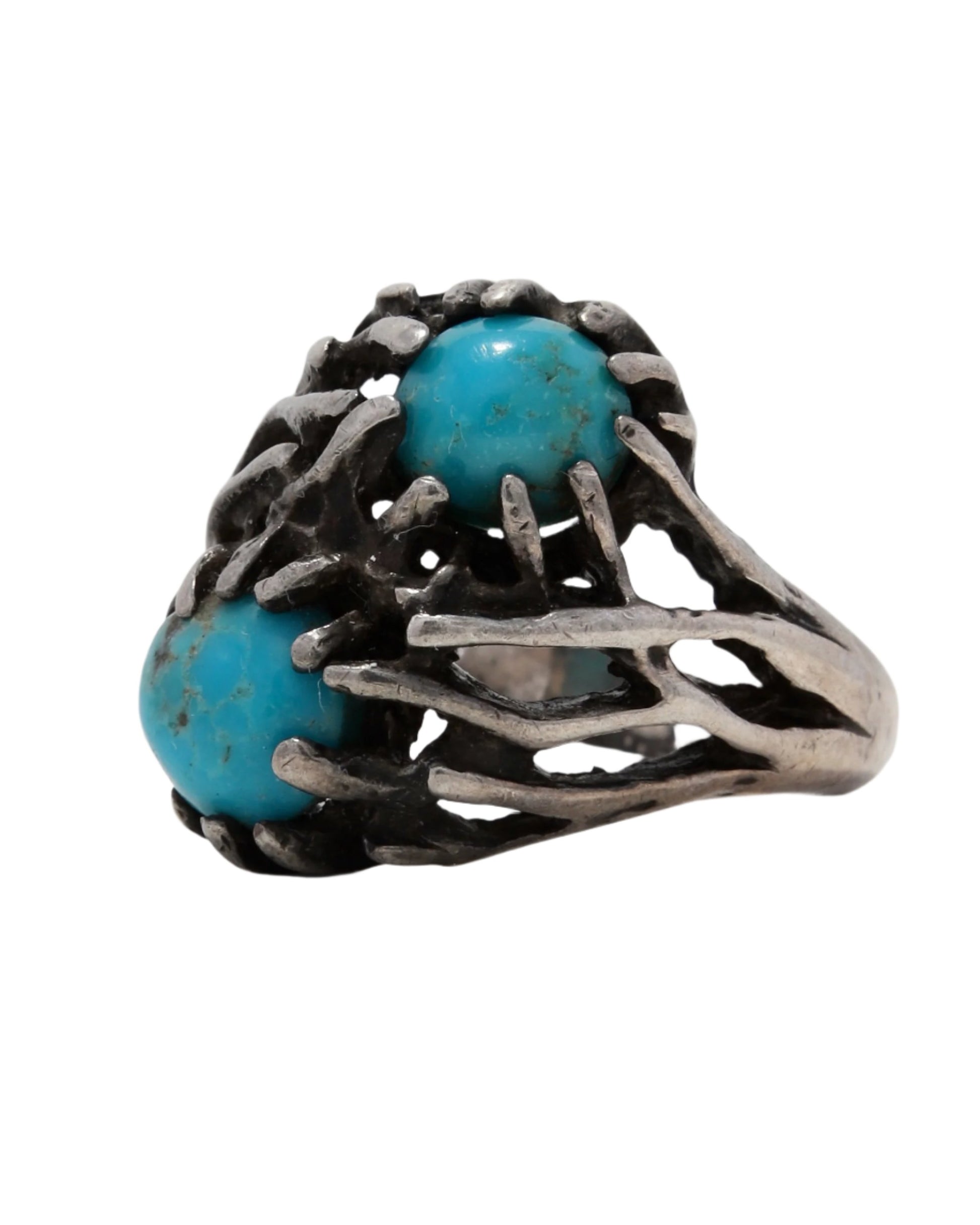 Vintage Brutalist Sterling Silver Ring with Turquoise Stones 1