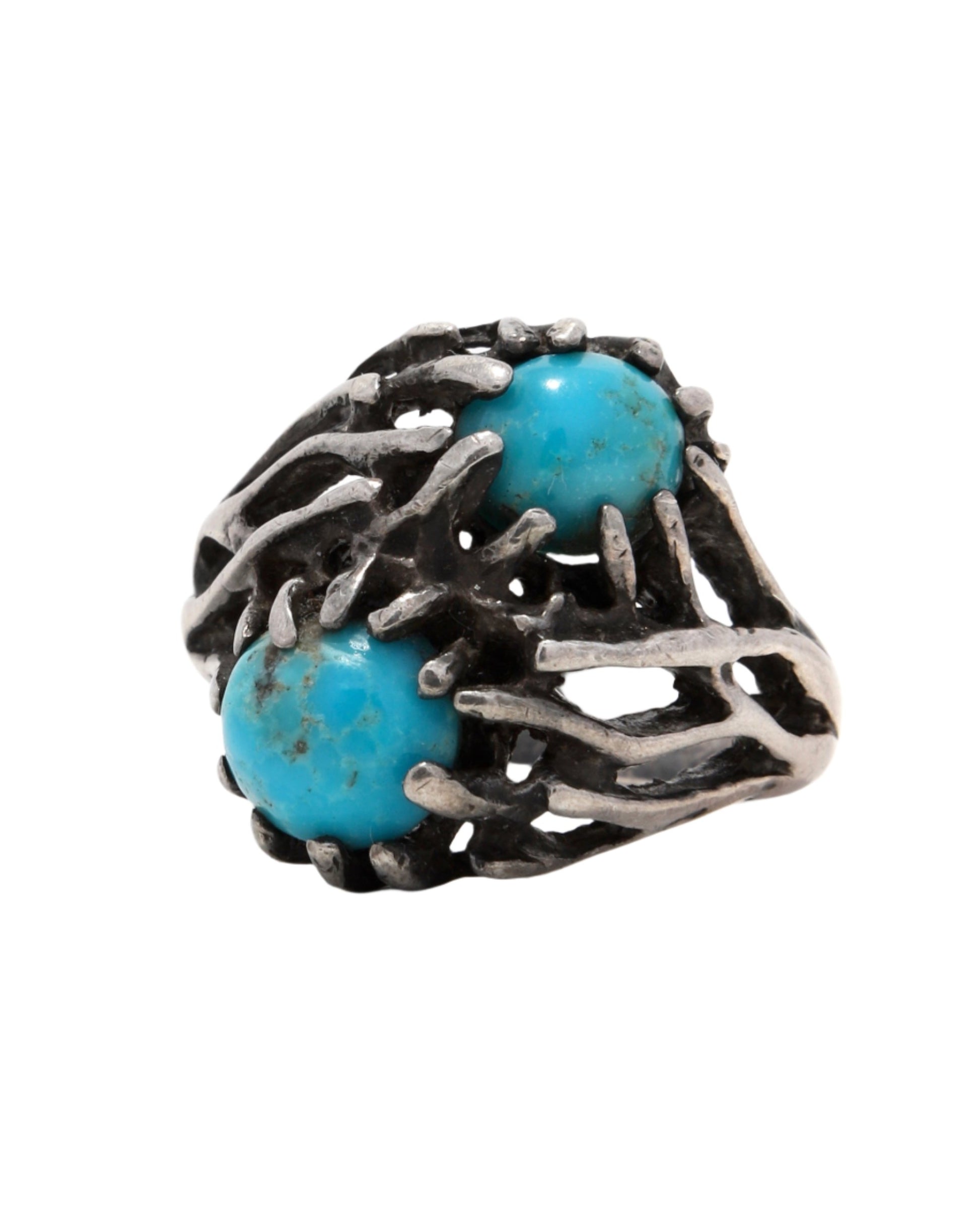 Vintage Brutalist Sterling Silver Ring with Turquoise Stones 2
