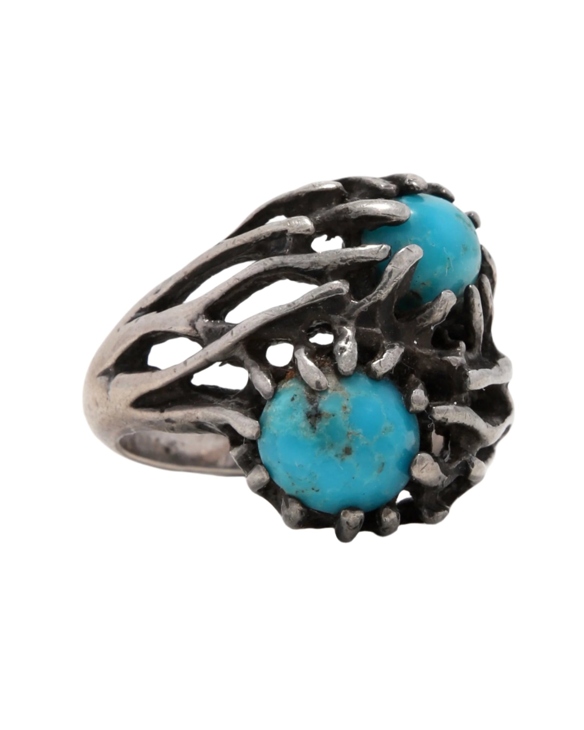 Vintage Brutalist Sterling Silver Ring with Turquoise Stones 3