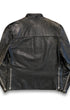 Back view of vintage 1960s black steerhide leather café racer jacket showing natural wear and aged leather patina.