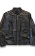 Front view of vintage 1960s black steerhide leather café racer jacket with distressed patina and zippered pockets.